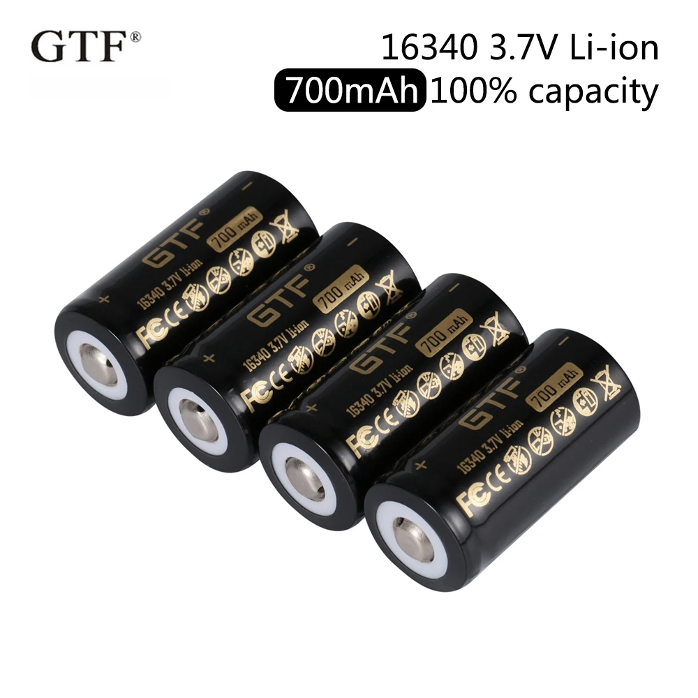 GTF 3.7V 16340 700mAh 100% pojemność akumulator litowo-jonowy do latarki LED zabawka pilot 16340 punktowe baterie