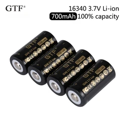 GTF 3.7V 16340 700mAh 100% pojemność akumulator litowo-jonowy do latarki LED zabawka pilot 16340 punktowe baterie