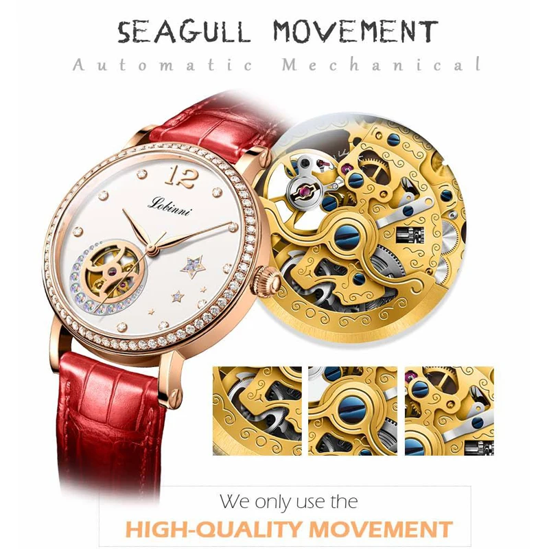 LOBINNI أزياء حجر الراين إعداد تصميم السيدات الساعات السيراميك / الفولاذ المقاوم للصدأ حزام الإناث التلقائية الميكانيكية الساعات النسائية