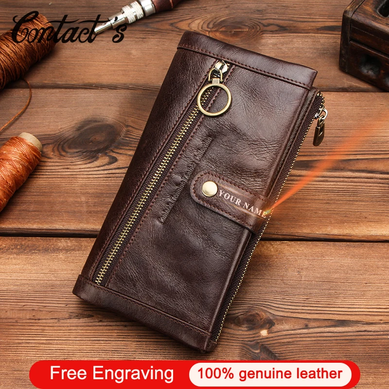 Contact's Men Wallet With Coin Pocket Genuine Leather Long Purse Hasp Clutch Bag Male Wallets Zip Portfel Card Holder Carteira