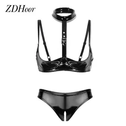 New Womens Patent Leather Lingerie Set Open Cups Bra Top Open Crotch High Cut Briefs Underwear Panties Nightclub Wear Sleepwear