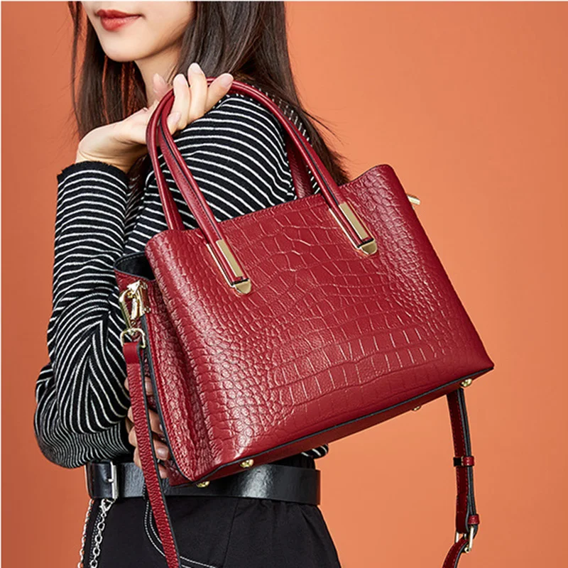 

Women Handbag Lady Luxury Genuine Leather Crocodile Pattern Shoulder Bag Female Large Capacity Crossbody Bag Tote New Red Black