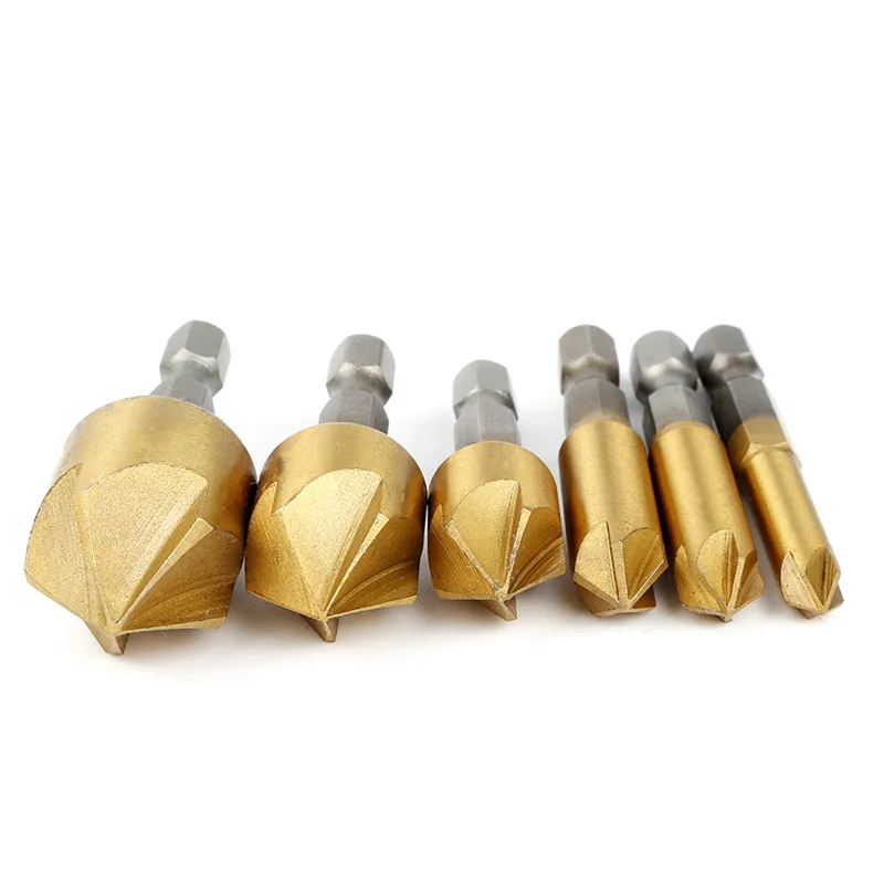 6Pcs 6mm-19mm countersink drill bit 1/4 inch hex shank 5-flute countersunk 90 degree wood metal chamfering tool chamfering knife