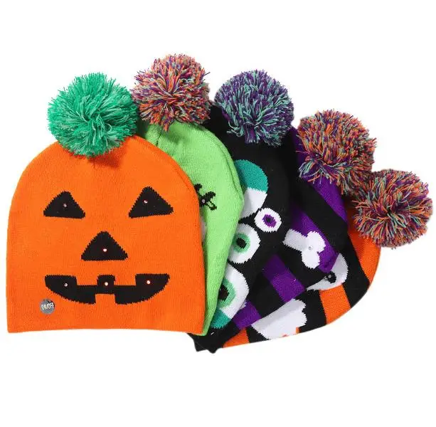 Halloween LED Light Up Hat Beanie Knit Winter Warm Cap Kids Adult Pumpkin Ghost Knit Beanie Holiday Hats Fun Party Costume props