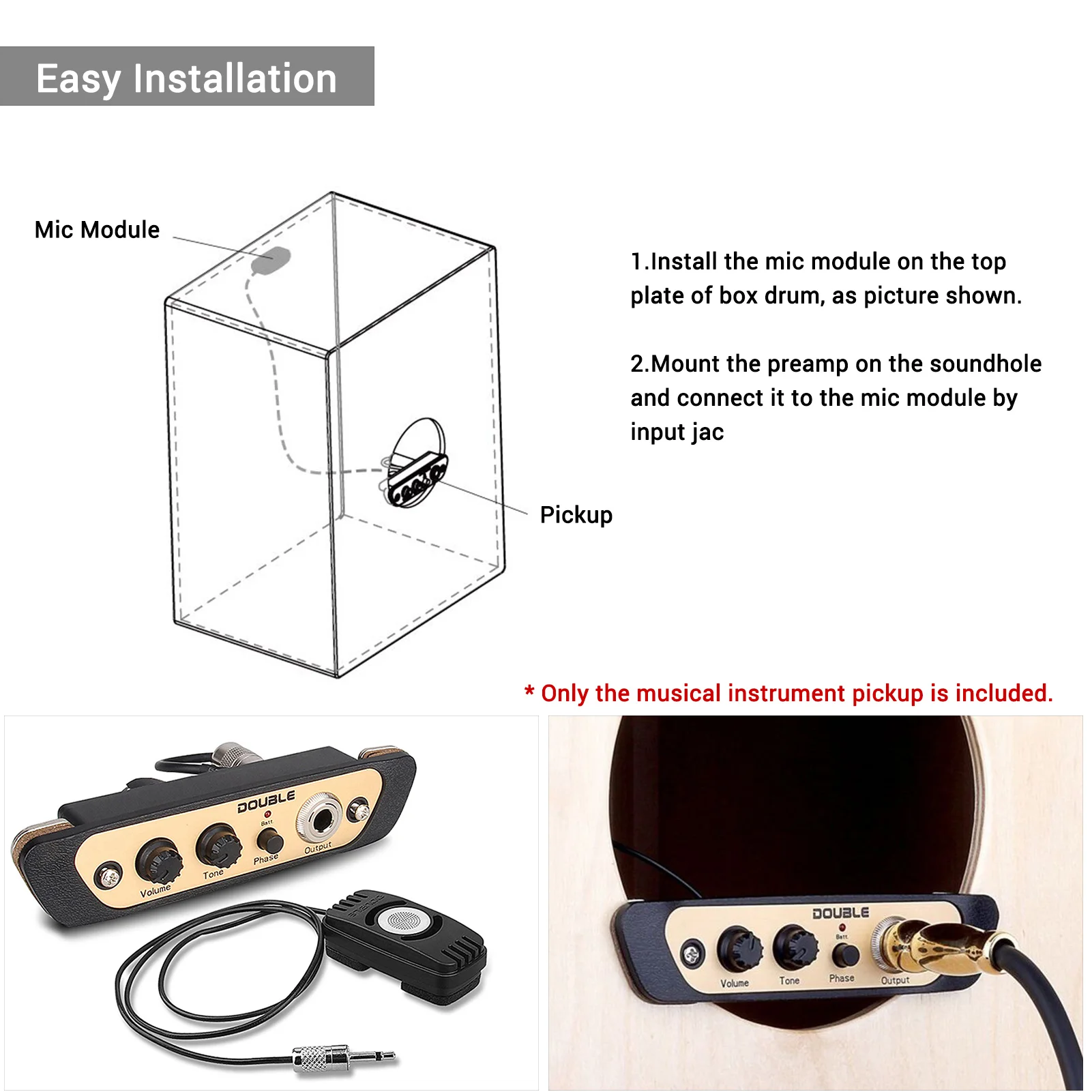 Doppio CJ01L Cajon Box Drum Preamp Pickup Pickup per strumenti musicali con microfono Jack da 1/4 pollici