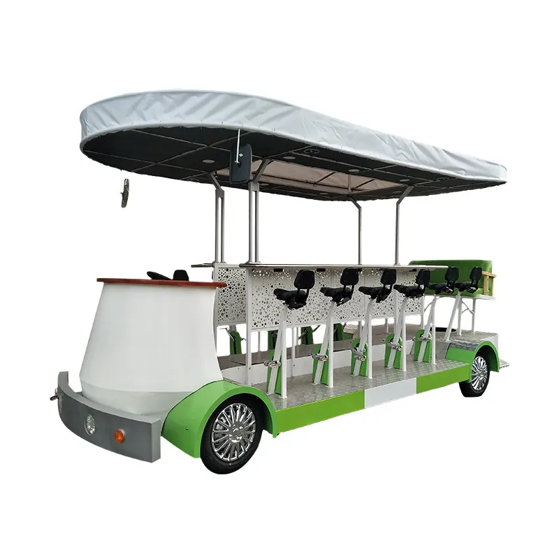 دراجة بيرة كهربائية للحفلات بأربع عجلات تزحف على شكل حانات تعمل بالدواسات 7-15 راكب