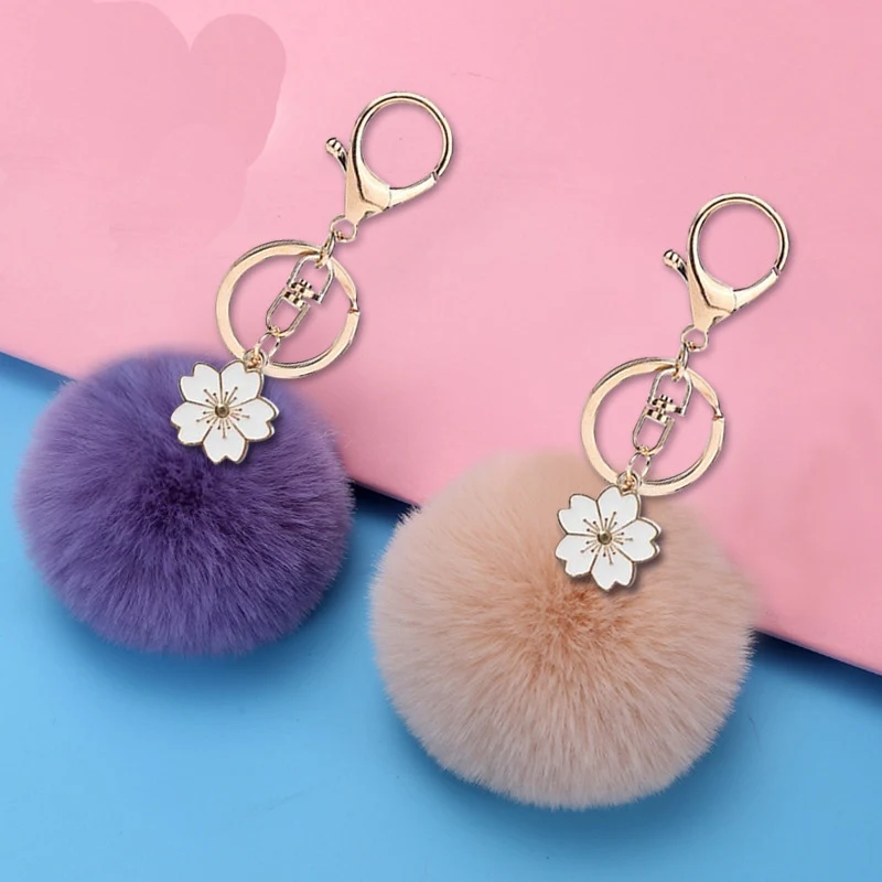 Cute Fluffy Fur Ball Key Chain Flower Artificial Rabbit Pompons Car Pendant Keyring Holder Charm Bag Girl Party Gift