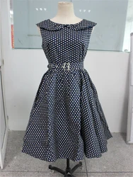 Audrey Hepburn kropki z lat 50. Retro na przyjęcie Rockabilly Plus Size S-3XL ciemnych z niebieskim nadrukiem sukienek przedsionek