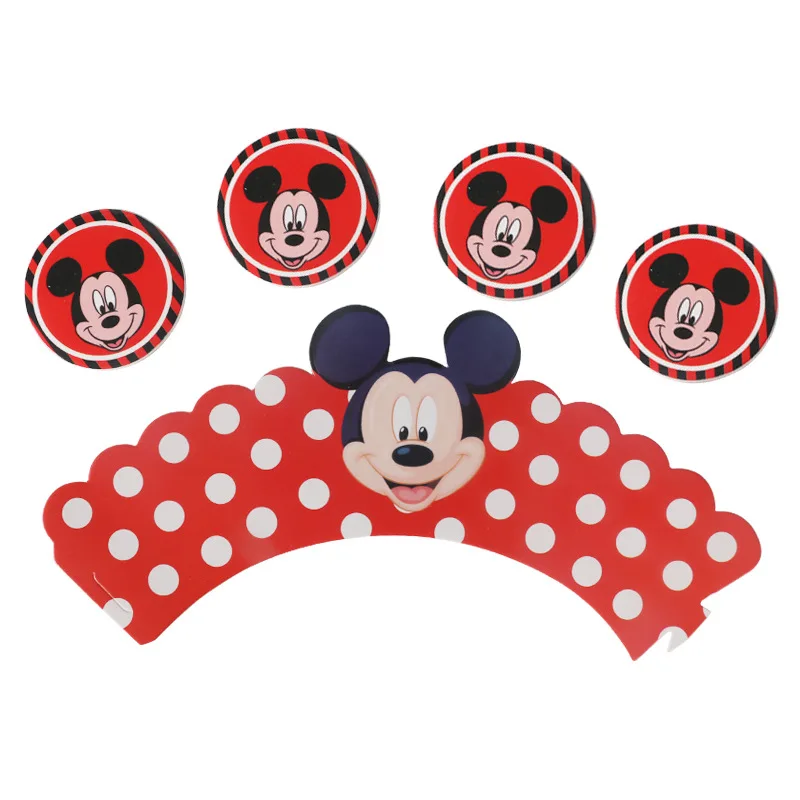 Mickey Cake party 12pcs Wrappers + 12pcs Toppers Minnie Mouse Colored Paper Cupcake Cake Kids Birthday Party Decoration Supplies