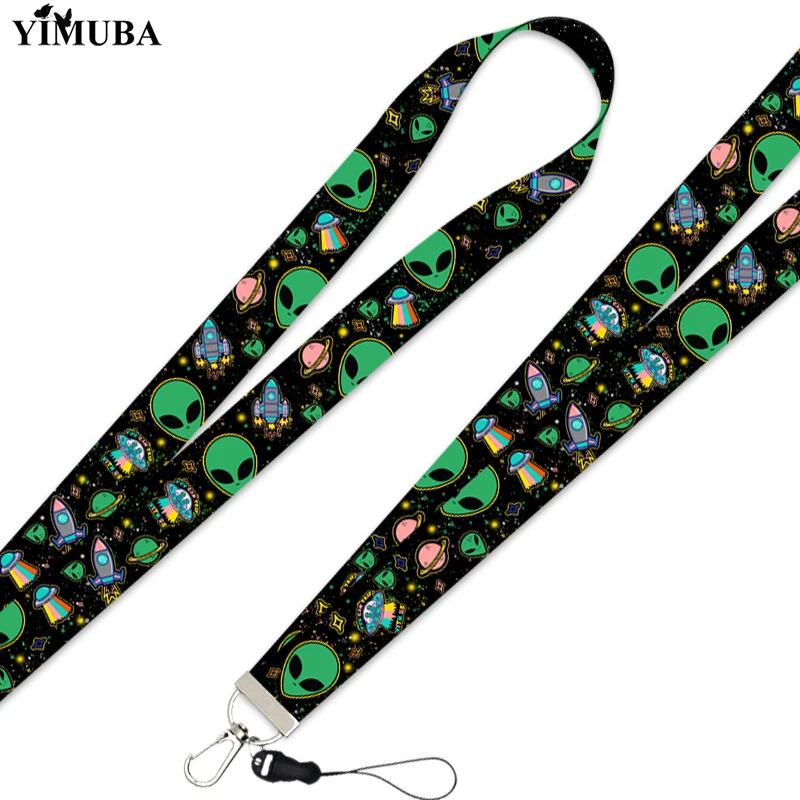 Funny Outer Space Alien Lanyard Key Chain Multifunction Cartoon Printed Webbing DIY Remove Buckle Wrist Rope Lariat Phone Strap