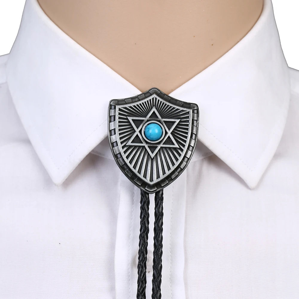 Western fashion bolo tie necktie Six pointed star natural pine zinc alloy leather collar support factory direct sales