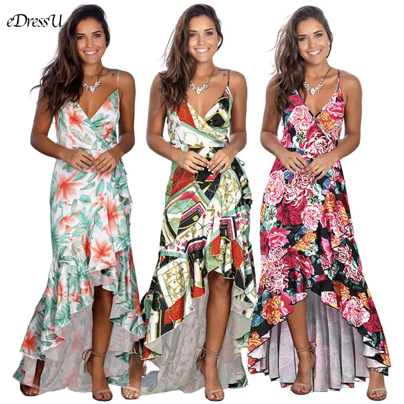 EDressU 2021 Sexy V-ausschnitt Rüschen Gedruckt Sommer Kleid Frauen Bohemian Spaghetti-trägern High Low Boho Strand Urlaub Tragen HYG-136