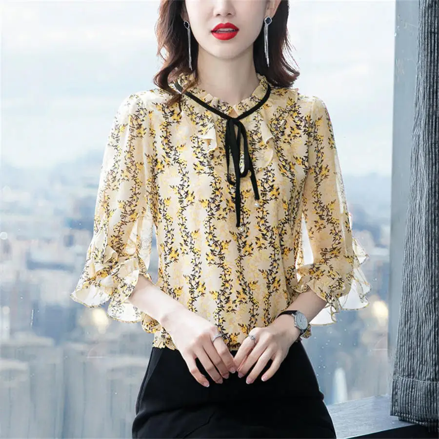 

Splice Summer Print Chiffon Shirts Women 3/4 Sleeve Stand-Up Collar Shirts Fashion Temperament Tops Blusas MM1276