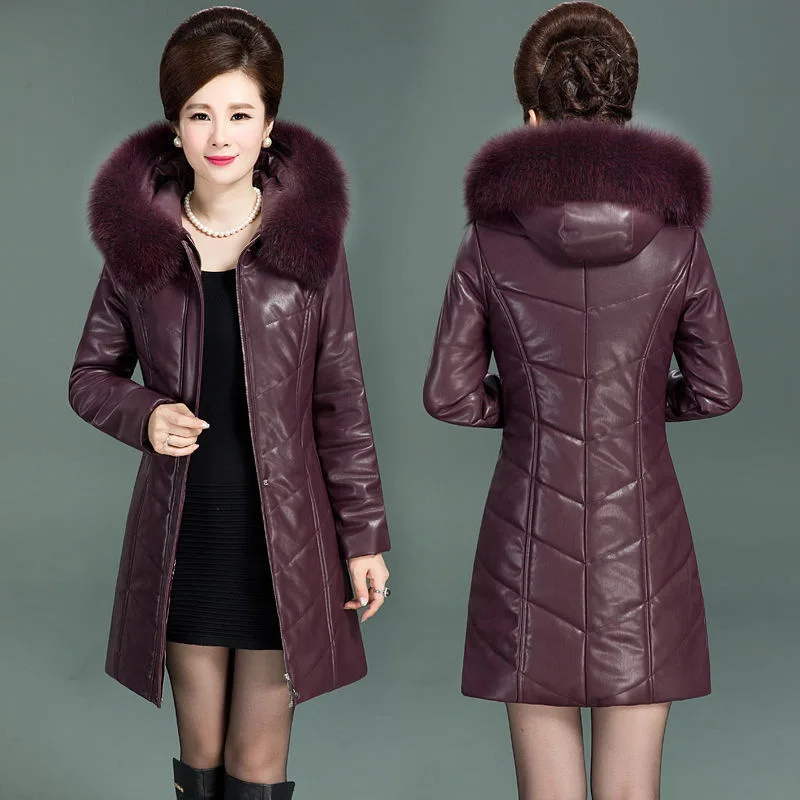 PU Leather Jacket Winter Women Coat Zipper Fur Collar Thicken Cotton Warm Hooded Coat Pu Leather Middle-aged Women Parkas R1636