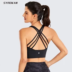 SYROKAN Women Black Yoga Bras Longline Strappy Sports Bras Wirefree Padded Tops Fitness