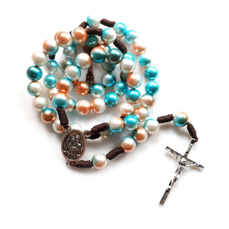 QIGO Vintage Brown Acrylic Rosary Necklace Catholic Jesus Cross Rope Weave Religious Jewelry For Men Women