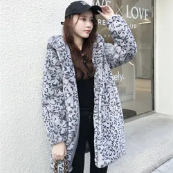 2024 Winter Thick Warm Gray Leopard Hooded Faux Fur Coat Women Long Outerwear Korean Fashion Casual Loose Fur Jacket Female