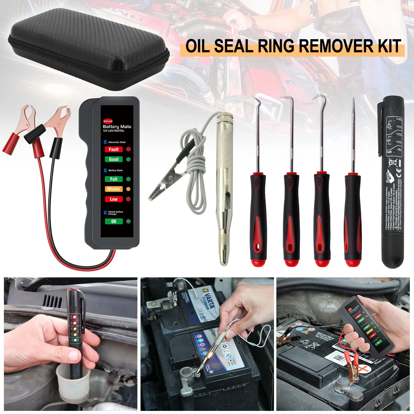 Car Auto Oil Seal Screwdrivers Set O-Ring Gasket Puller Remover Brake Fluid Tester Light Circuit Tester Lamp Car Battery Tester