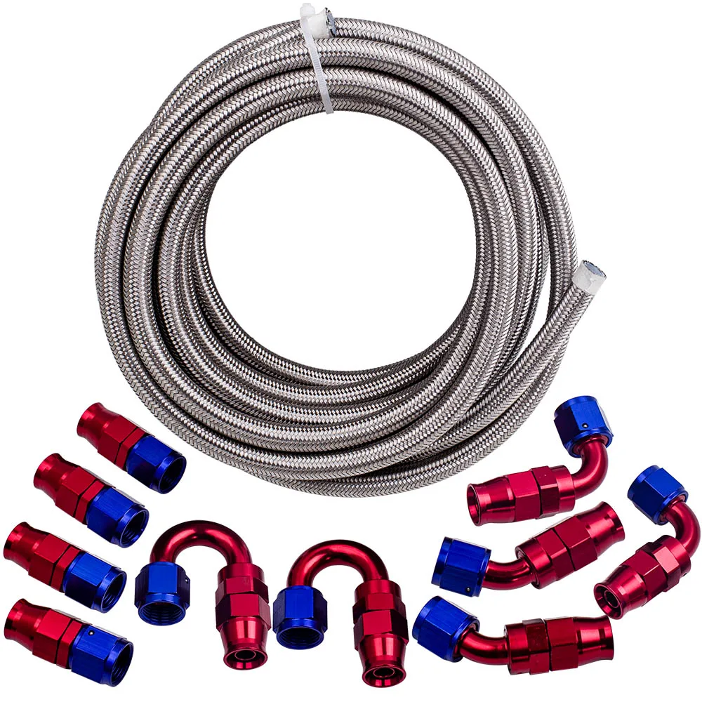 

6AN AN6 5M 16FT PTFE Stainless Steel Braided Fuel Gas Oil Line Hose Assembly kit 0+45+90+180 degree+10 pcs End Fitting Kit