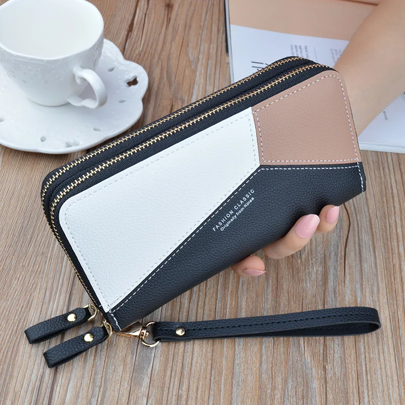 PU Leather Double Zipper Women's Wallets Large Capacity Female Splicing Coin Purses Card Holder Clutch Money Bag Free Shipping