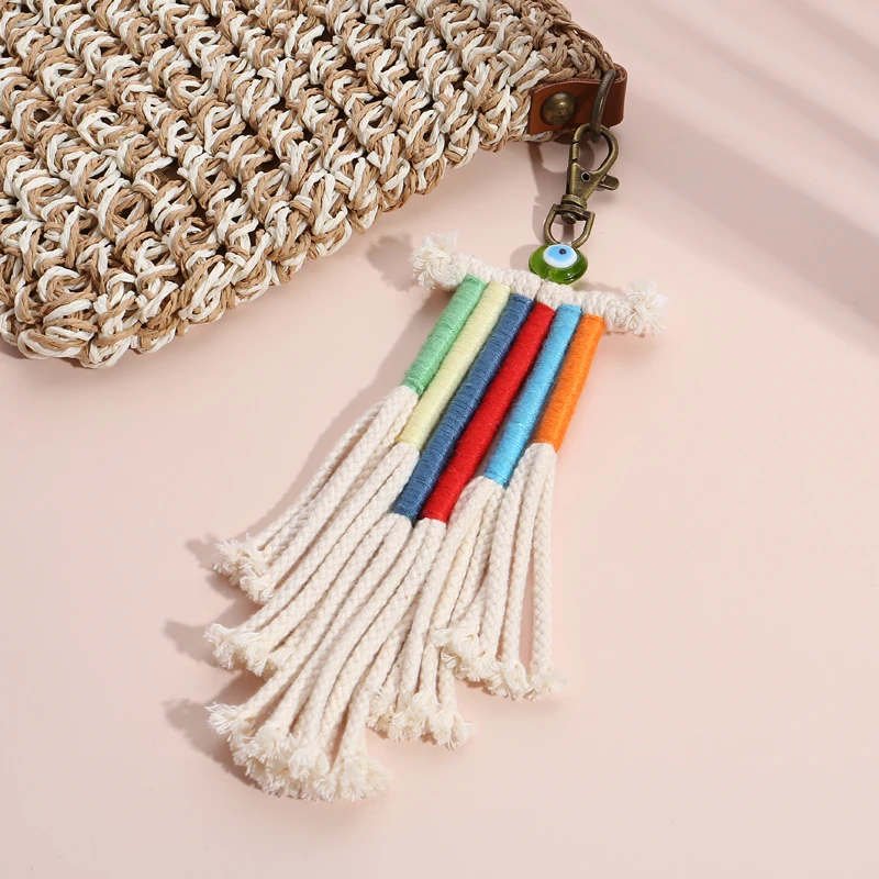 Multicolor Tassel Keychain Handmade Layered Bohemian Eye Beads Key Ring For Women Macrame Bag Boho Key Holder Jewelry Gifts