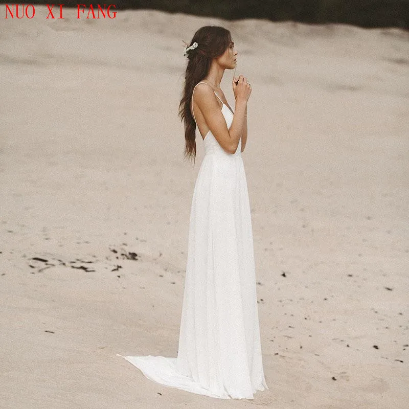 Cheap Beach Sexy V Neck Open Back Wedding Dress Spaghetti Strap Boho Bridal Dresses 2022 Chiffon High Split Lace Wedding Gowns