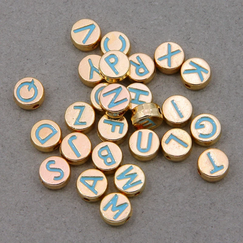 10/26PCS Flat Round 4X8MM Letter Beads Metal Alloy blue Enamel Alphabet Spacer Beads For Necklace Bracelet DIY Jewelry Making