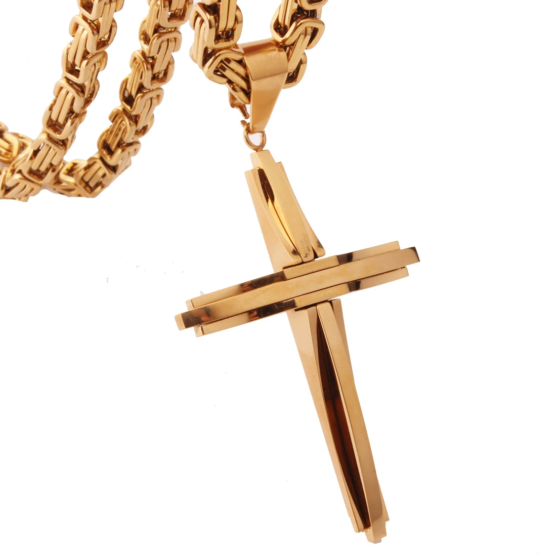 Cool Cross Gold Color Necklaces Men Women Pendant Stainless Steel With 5MM Byzantine Chain Christian Crucifix Jewelry