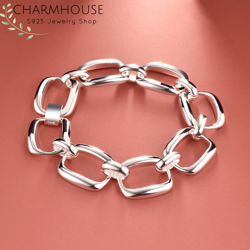 Silver Plated Bracelets for Women Square Geometric Link Chain Bangles Pulseira Femme Wristband Trendy Jewelry Accessories