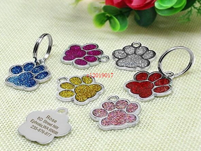 Glitter Paw Shaped Puppy Dog Tag 7 Colors Cat Pet Name Brand ID Card Wholesale