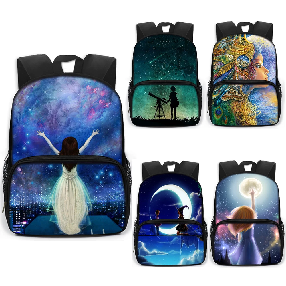 

13 Inch Cute Galaxy School Backpack Star Moon Fairy Boys Girls Book Bag Kids Kindergarten Backpack Children School Bags Gift