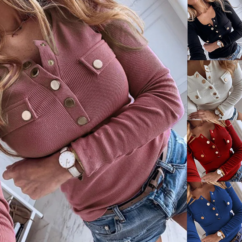 

Women Autumn Winter Knitted Sweater Tops 2021 Casual Long Sleeve Plus Size O-Neck Button Up Pocket Female Basis Pullover Coats