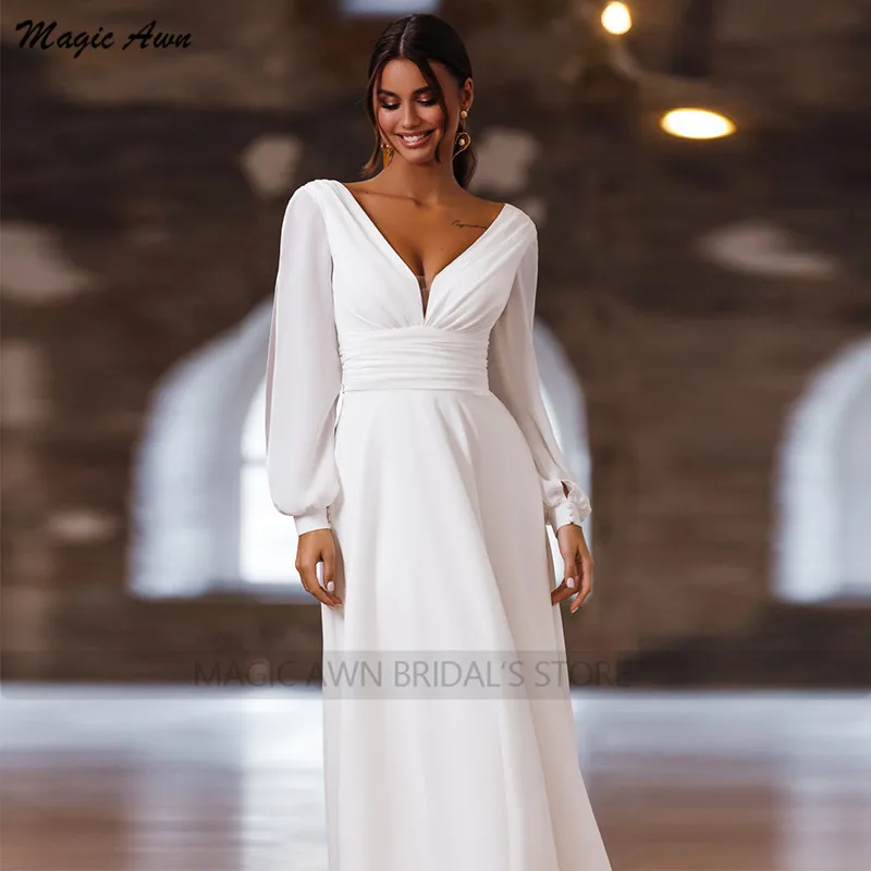 Magia awn simples chiffon boho vestidos de casamento mangas compridas decote em v a linha tornozelo comprimento vestidos de festa de casamento barato robe de mariée