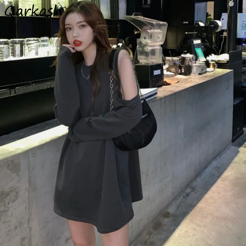 

Sweatshirts Women Spring Sexy Cool Vintage Female Hole Off Shoulder Korean Style Loose Chic Fashion Solid Streetwear All-match