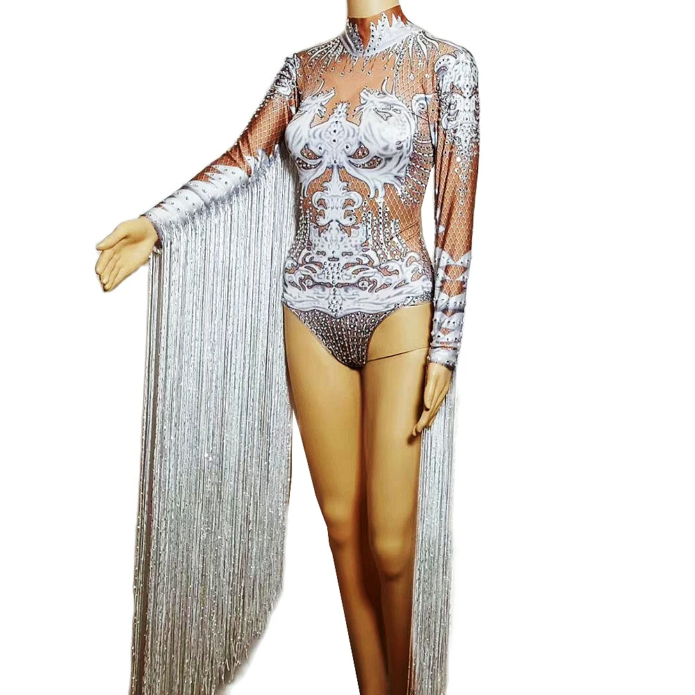 

Women White Tassel Diamonds Pole Dancing Bodysuits Singer Performance Stage Costumes