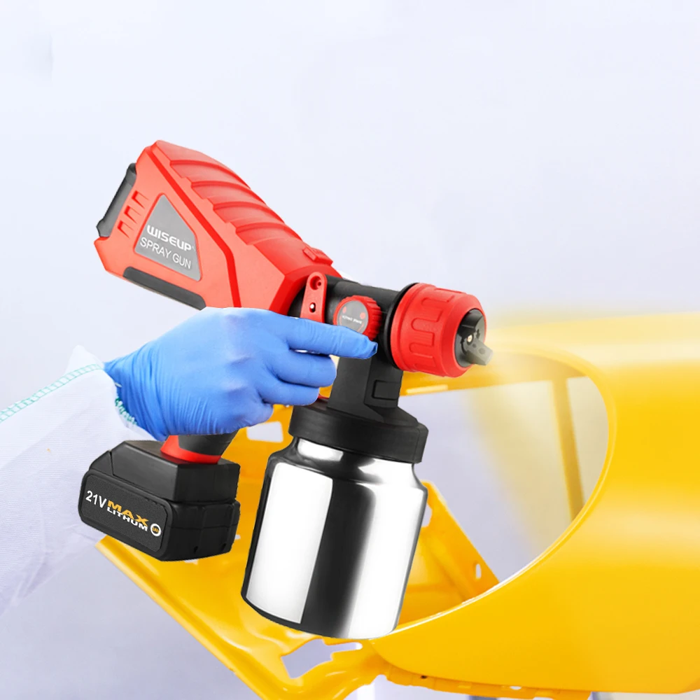 WISEUP 21V Cordless Battery Spray Gun HVLP Electric Paint Sprayer 1000ml High Capacity Airbrush With 3 Nozzle Sizes Flow Control