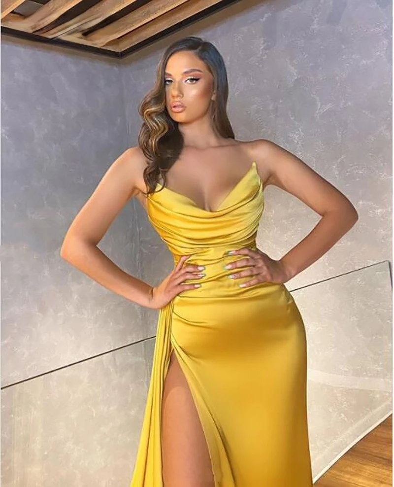 Robe de soirée sirène sans bretelles à col en V jaune, robes fendues sur le côté haut, robes de Rhde Dubaï, robes de célébrité, fête, sexy, quoi que ce soit