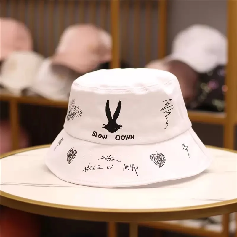 New Lovely Embroidery Rabbit Pattern Bucket Hat Caps Hip Hop Men Women Summer Panama Cap Beach Sun Fishing Cap Lover Gift