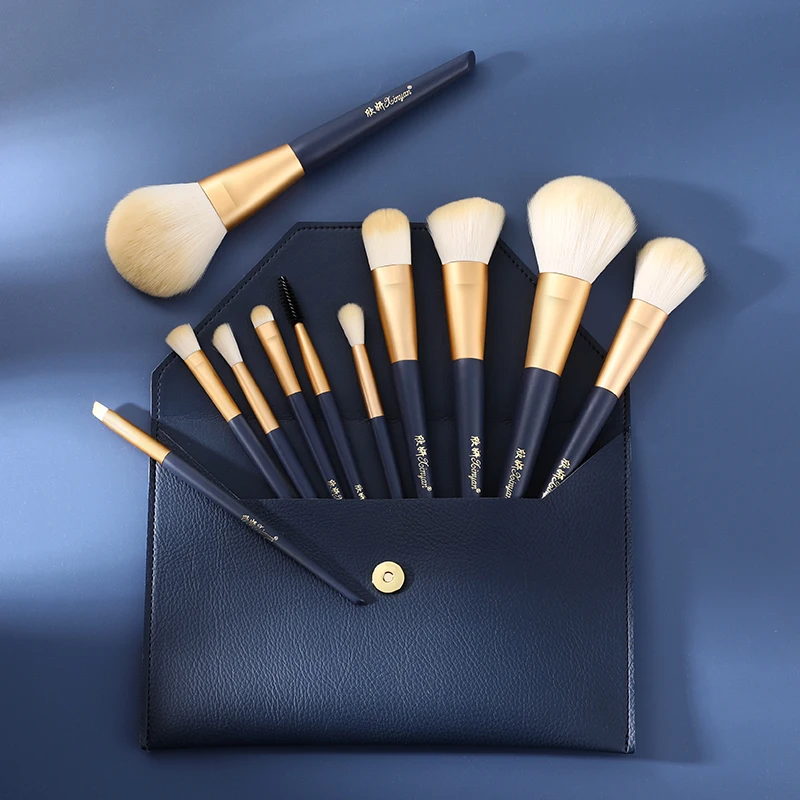 XINYAN 11Pcs Navy Blue Makeup Brushes Set Eyeshadow Powder Wood Handle Concealer Cosmetic Eyebrow Beauty Makeup Brushes Set Tool