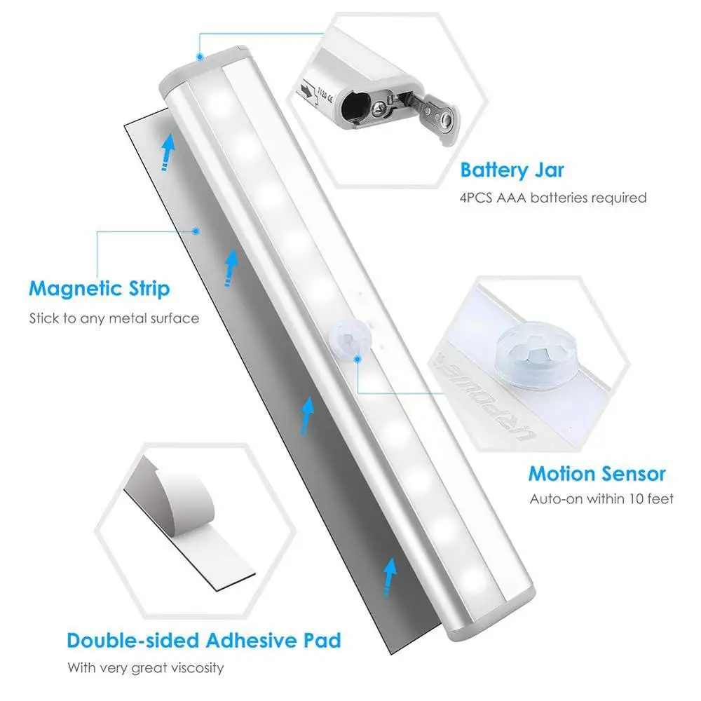 Imagem -04 - Pir Motion Sensor Cloconjunto Light a Pilhas sob as Luzes do Armário Armário Armário Escadas Lâmpada de Parede para Cozinha Quarto 10 Leds