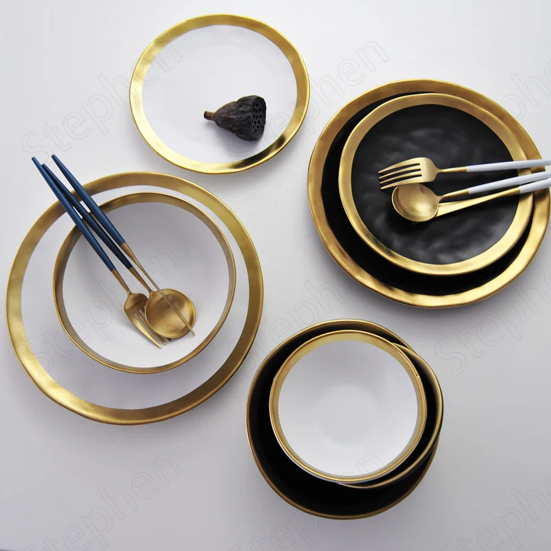 Black Gold Ceramic Plates and Bowls Nordic Modern Golden Stroke Steak Steak Dishes Tableware Afternoon Tea Cake Dessert Plate