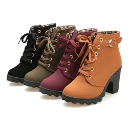 comemore 2021 Women Fashion High Heel Lace Up Ankle Boots Ladies Buckle Platform Leather Shoes Casual Leather Autumn Winter Zip