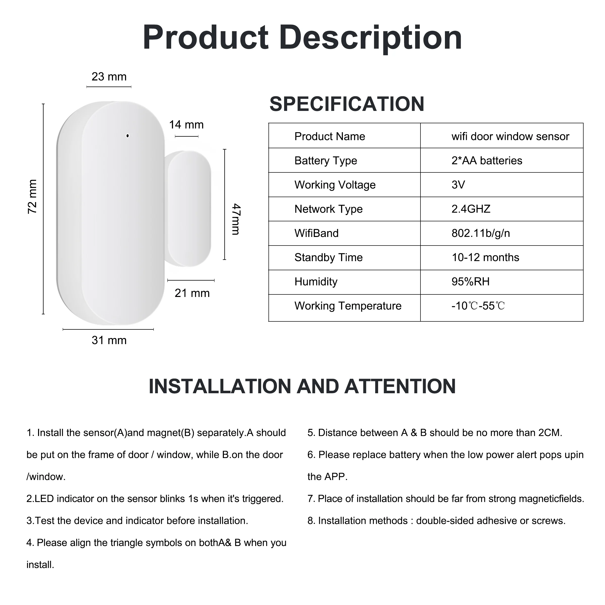 Tuya Wifi sensore per porte e finestre Smart Door Open rilevatore chiuso Smart Life App avviso di notifica compatibile con Alexa Google Home