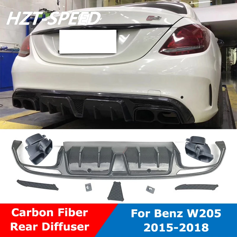 W205 Carbon Fiber Rear Bumper Shovel Lip Diffuser Spoiler With Exhauses For BENZ C Class C200 C260L Sedan Sport Version 15-18