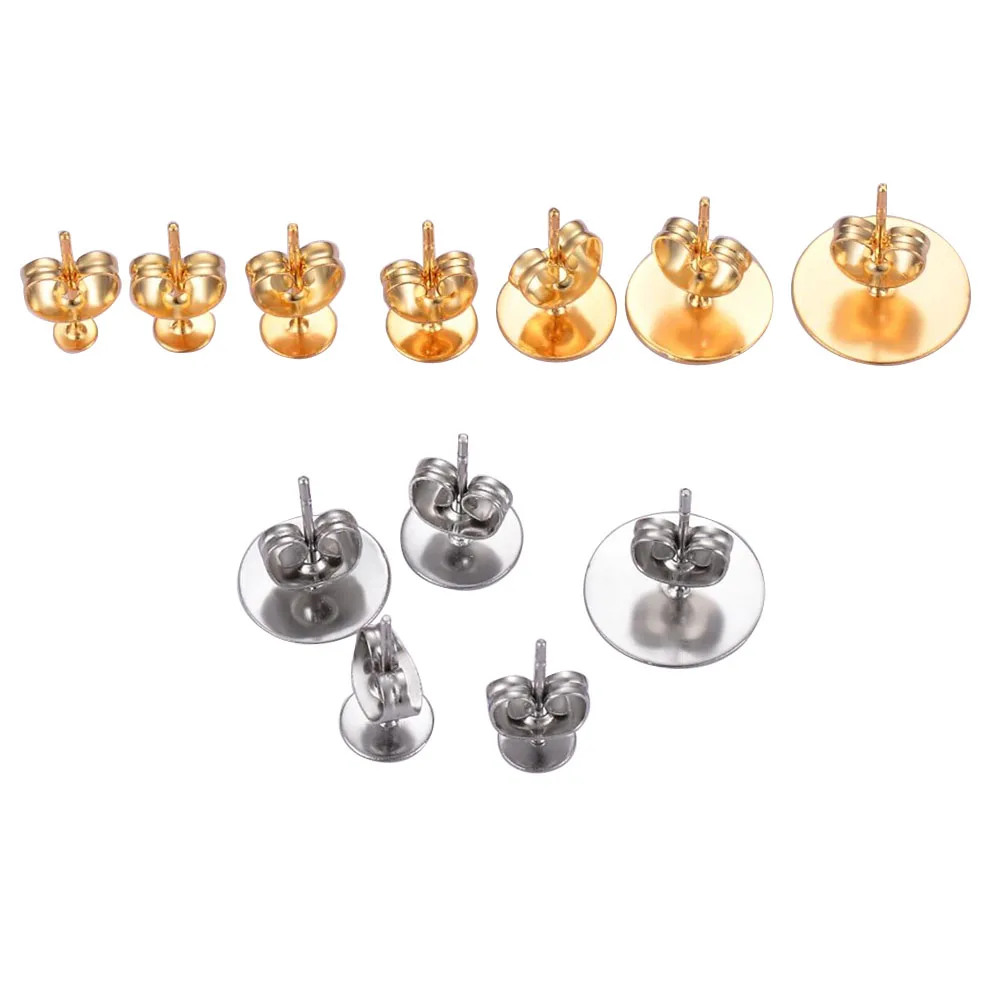 50pcs Stainless Steel 3 4 5 6 8 10 12mm Stud Pin Earring Base Earring Settings DIY For Jewelry Making