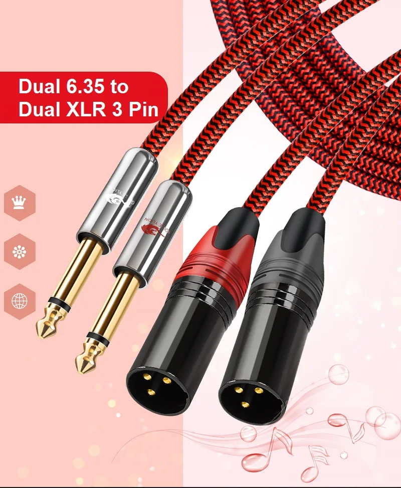 Dual 1/4 Inch TS Mono 6.35mm Jack to 2 x XLR Male Audio Cable Amplifier Mixer Sound Console Home Theater System Shielded Cords