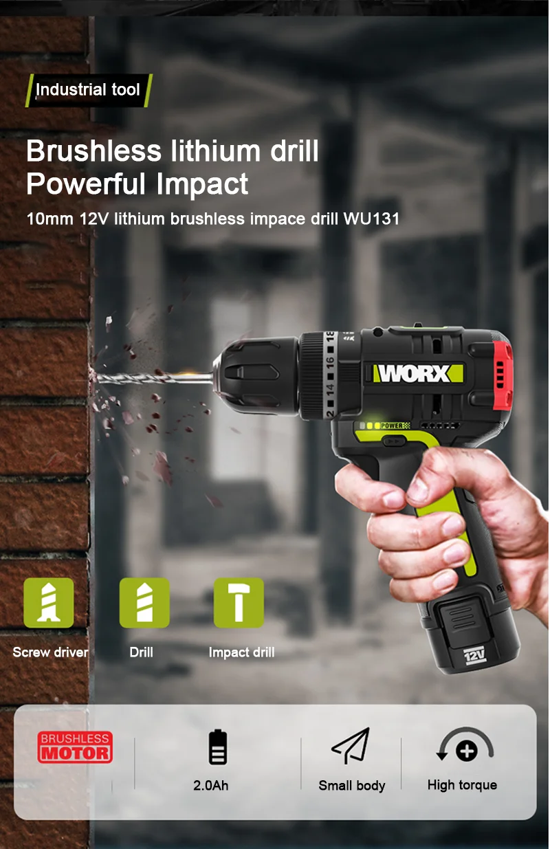 Worx WU131X 12v Brushless Motor Cordless Impact Drill Drill Screwdriver 40Nm Adjust Torque Premium Professional garden Tools