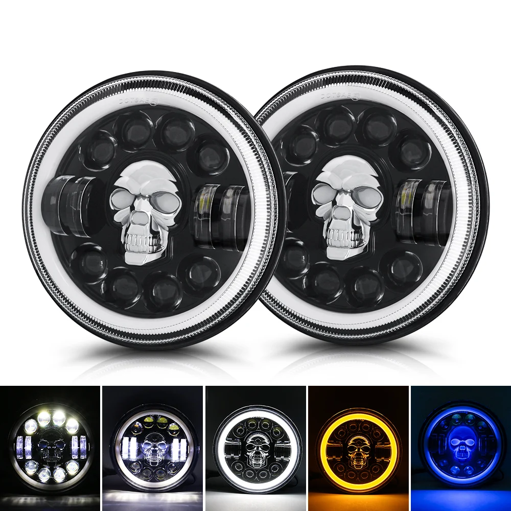 7Inch Car Motorcycle LED H4 Headlight Bulbs RGB Skull Light Angel Eye Front Light H4 Signal Lamp Hi/Lo Beam For Car Jeep BMW 12V