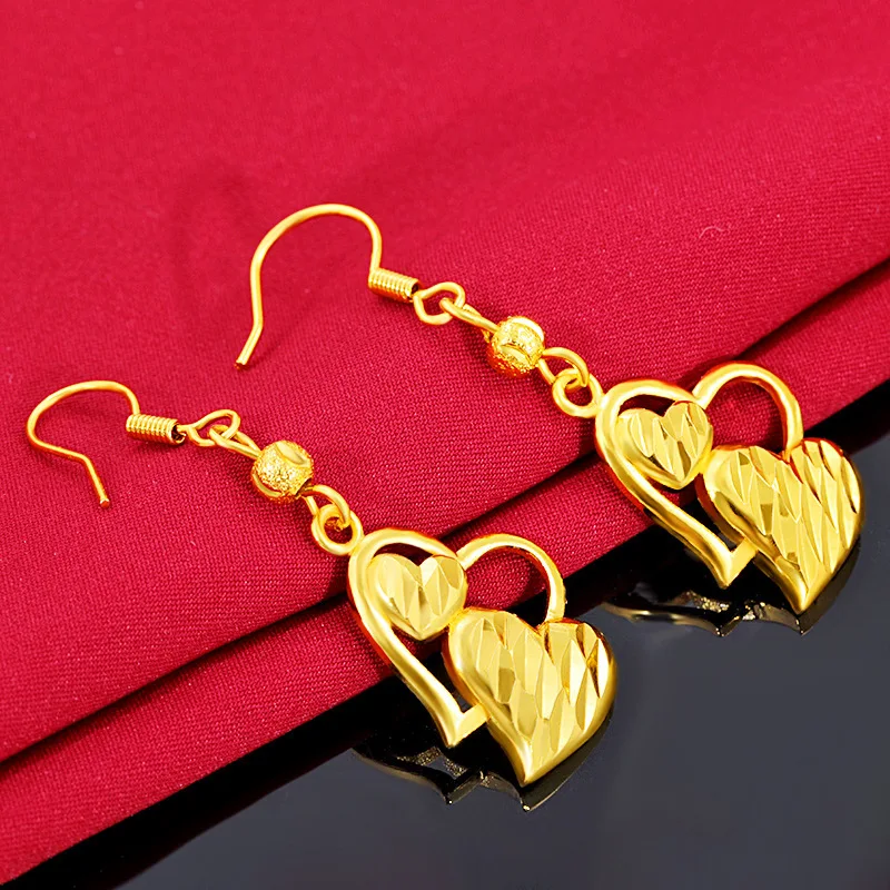 

Luxury 24k Yellow Gold Love Heart Shaped Drop Earrings for Women Girlfriend Mother Sand Gold Stud Earring Birthday Jewelry Gifts