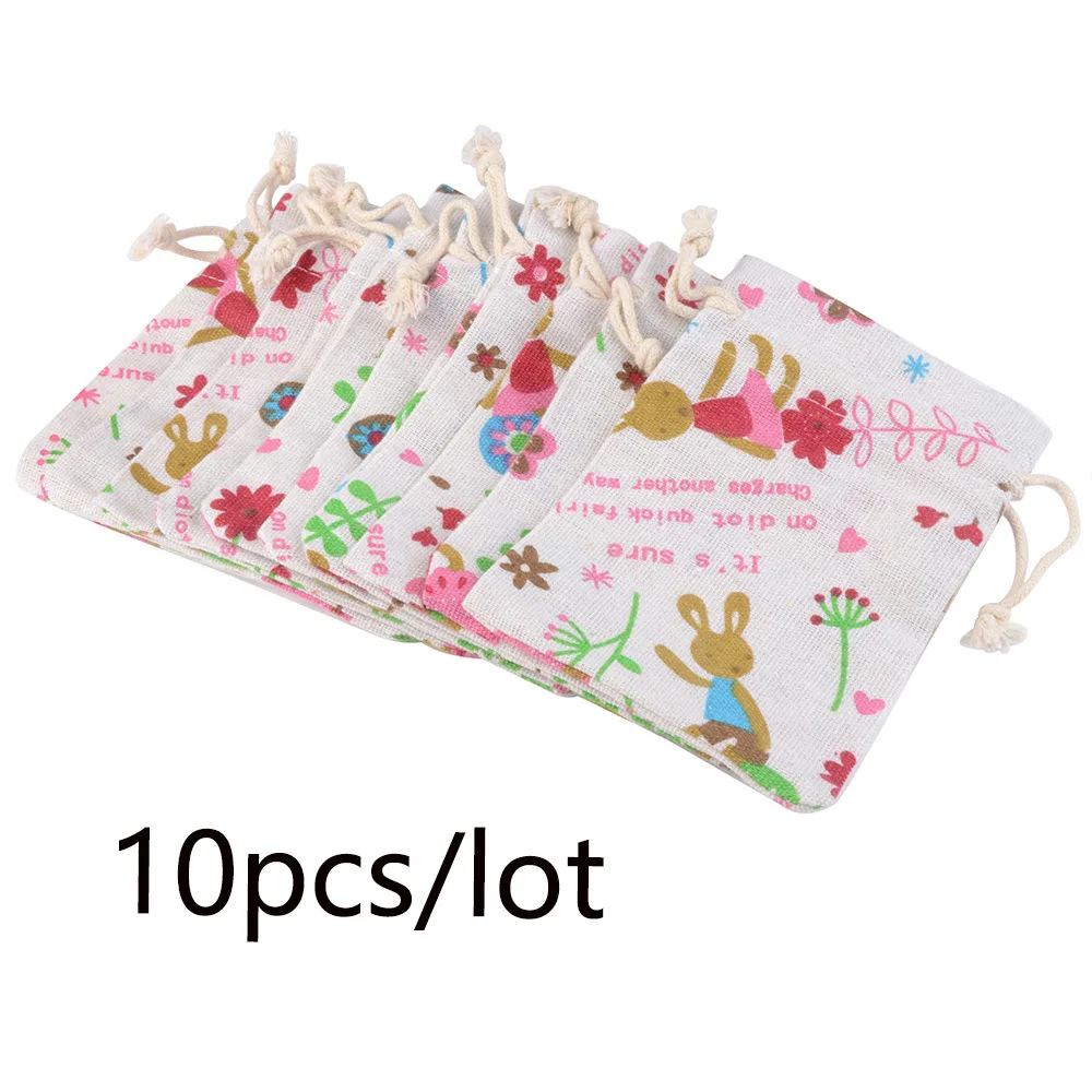 10pcs/lot Drawstring Jute Burlap Floral Print Bag Gunny Lovely Pattern  For Jewelry Packaging Christmas/Wedding Gift Candy Bags